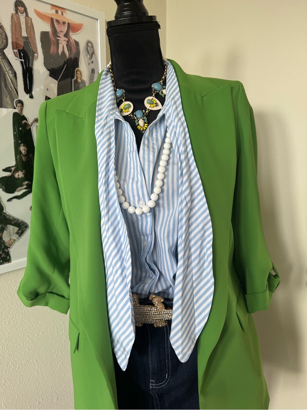 Who What Wear Women's Blue-White Striped button up with bow blouse
